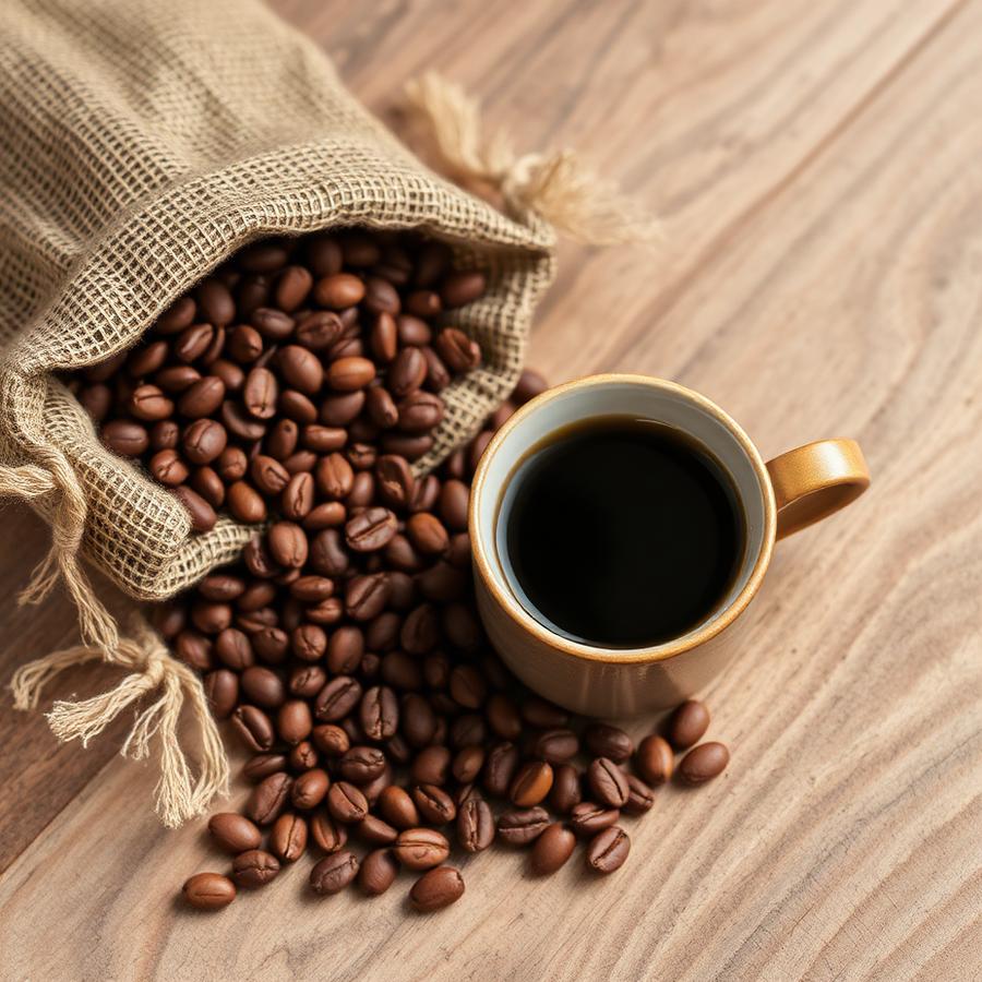 Granos de café hondureño y taza de café servida